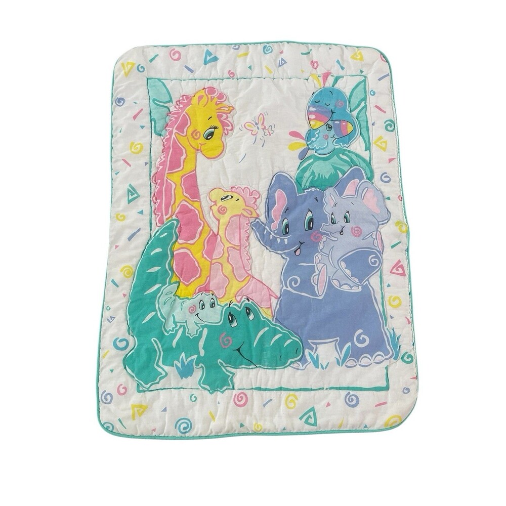 Vintage 80s 90s Gerber Baby Quilt Blanket Pastel Jungle Baby Mommy Animal Print - Picture 2 of 8